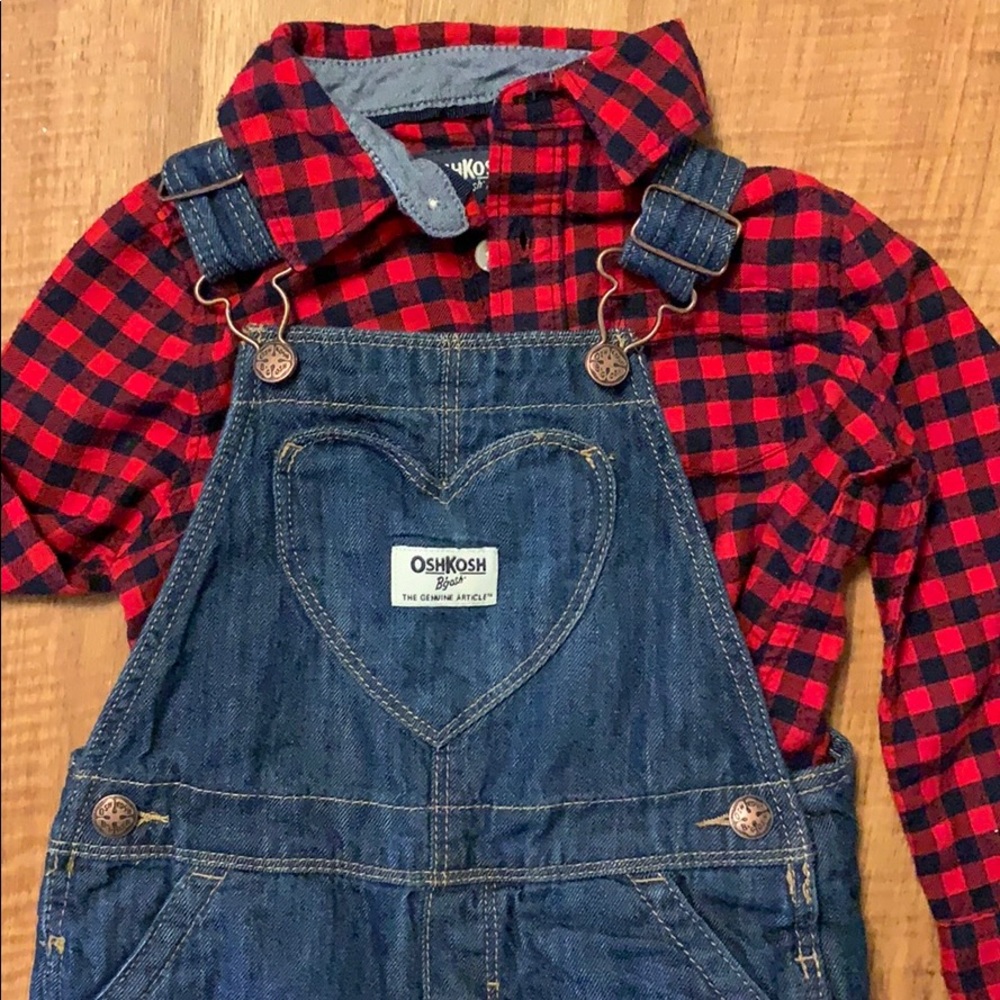 Oshkosh heart overalls and plaid shirt set 24m